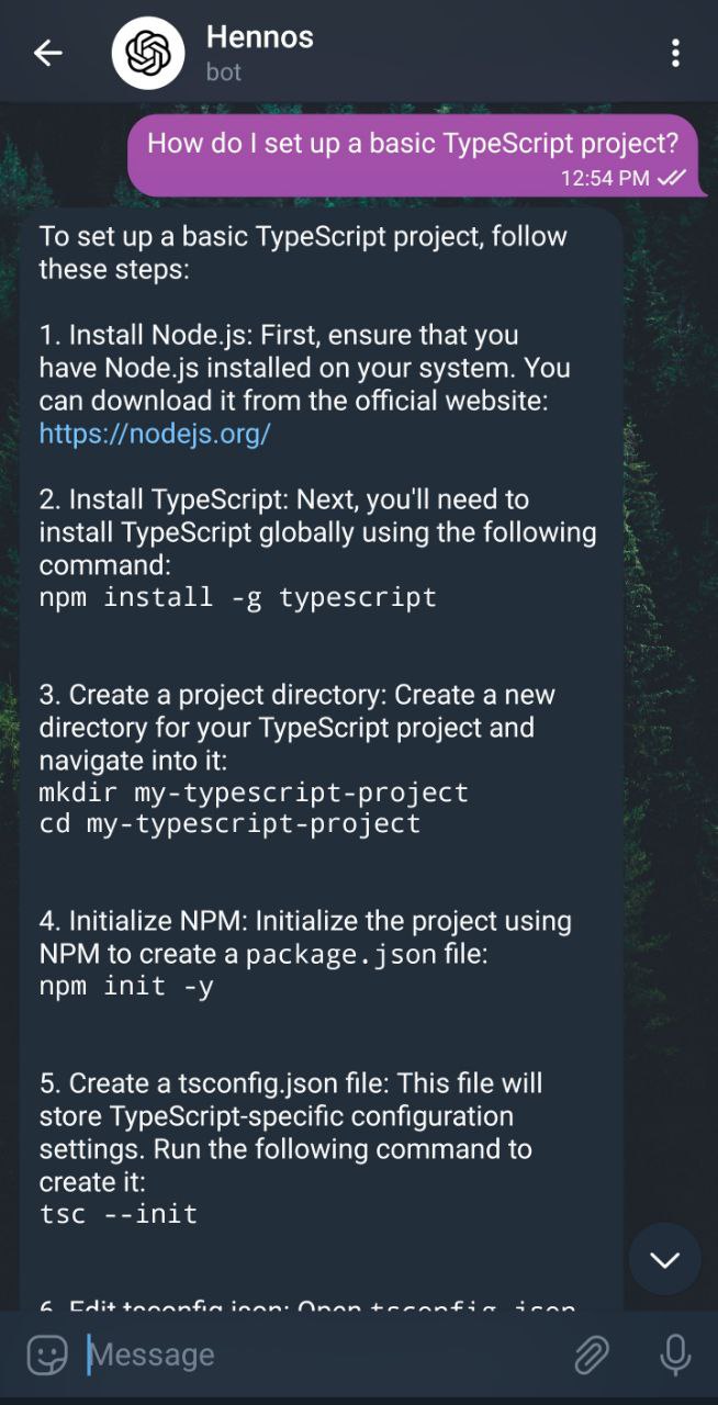 Usage example showing a bot response using text input